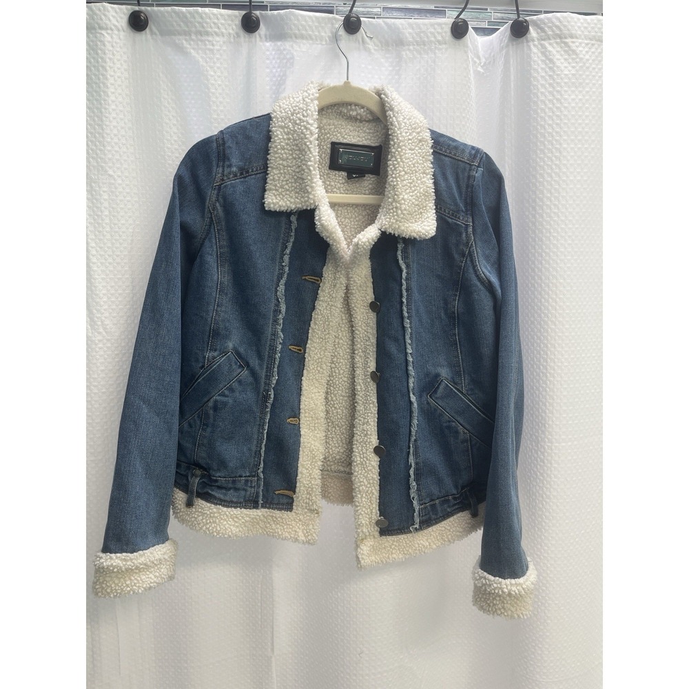 Vtg Joujou Blue Denim Sherpa Lined Cropped Trucker Jacket Junior XL Indie Sleaze - Picture 3 of 8